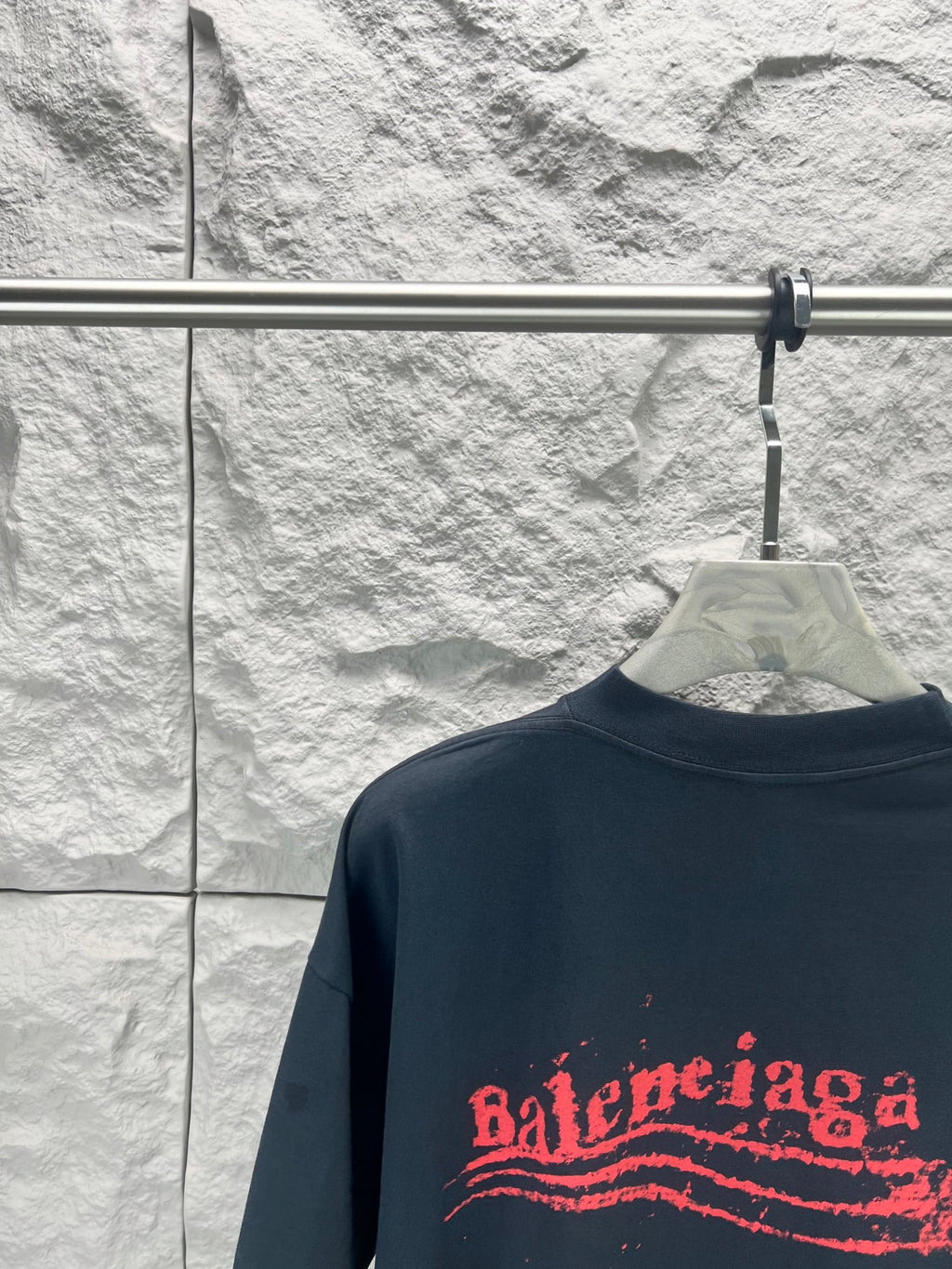 Balenciaga graphic T-shirt, dark navy, crew neck, close-up of red logo print
