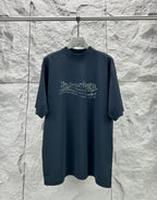 Balenciaga graphic T-shirt, dark navy, crew neck, short sleeves, distressed logo print
