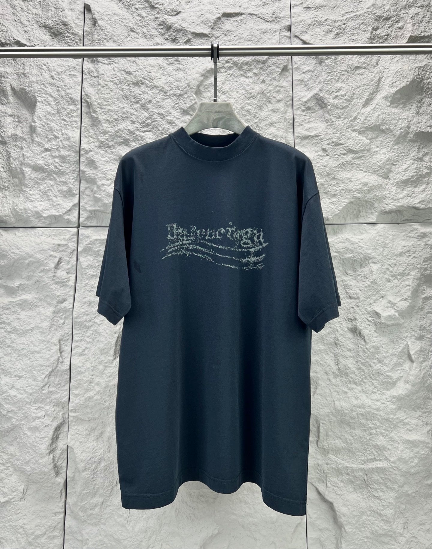 Balenciaga graphic T-shirt, dark navy, crew neck, short sleeves, distressed logo print