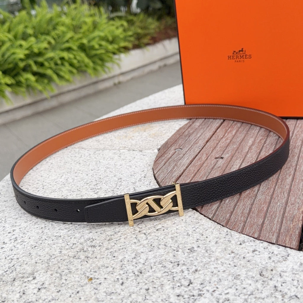 Black leather belt with gold-tone buckle and interlocking H logo clasp