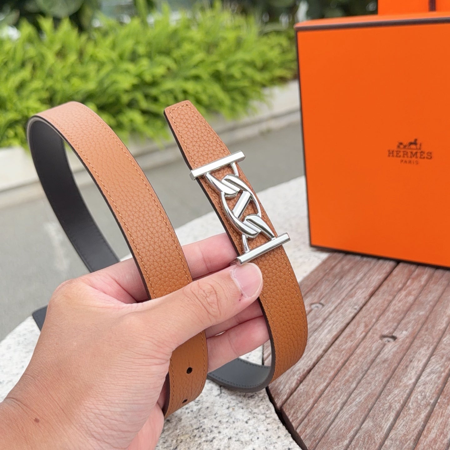 Hermes belt tan leather with silver buckle and strap eyelets