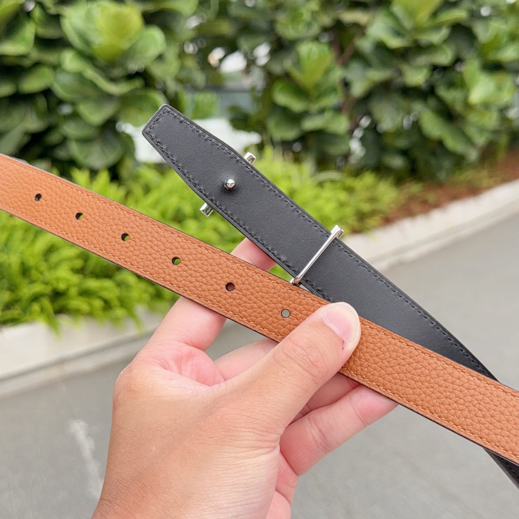 Hermes belt tan and dark leather with silver buckle and eyelets