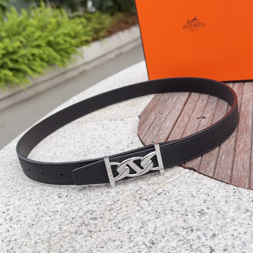 Hermes black leather belt with silver-tone buckle and interlocking H-style clasp