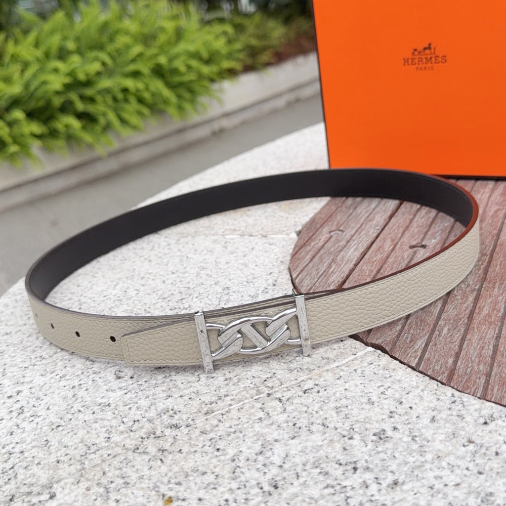 Hermes leather belt in light beige with silver H buckle and punched holes