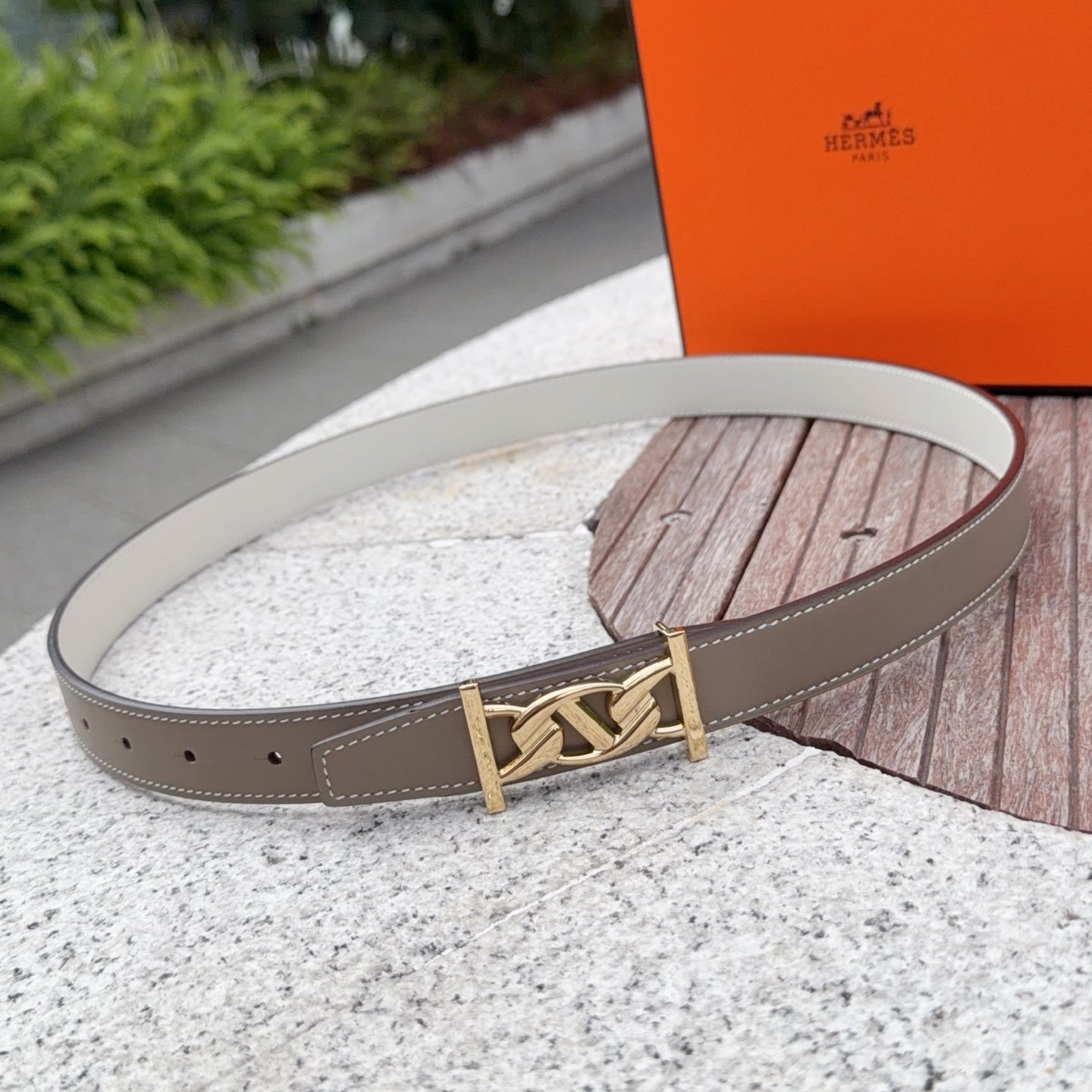 Hermes leather belt, taupe strap with gold buckle and adjustment holes