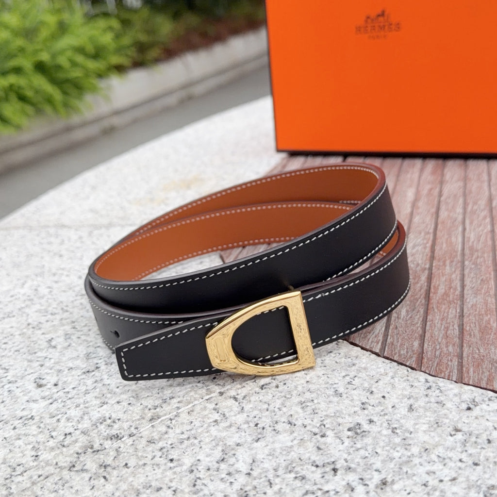 Leather belt with dark strap, gold square buckle, and white contrast stitching