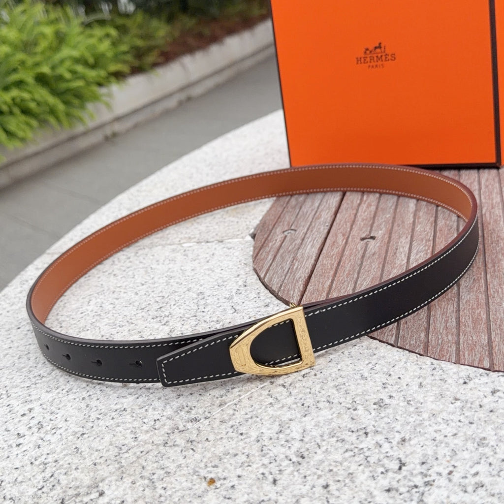 Leather belt with dark strap, gold buckle, and white contrast stitching