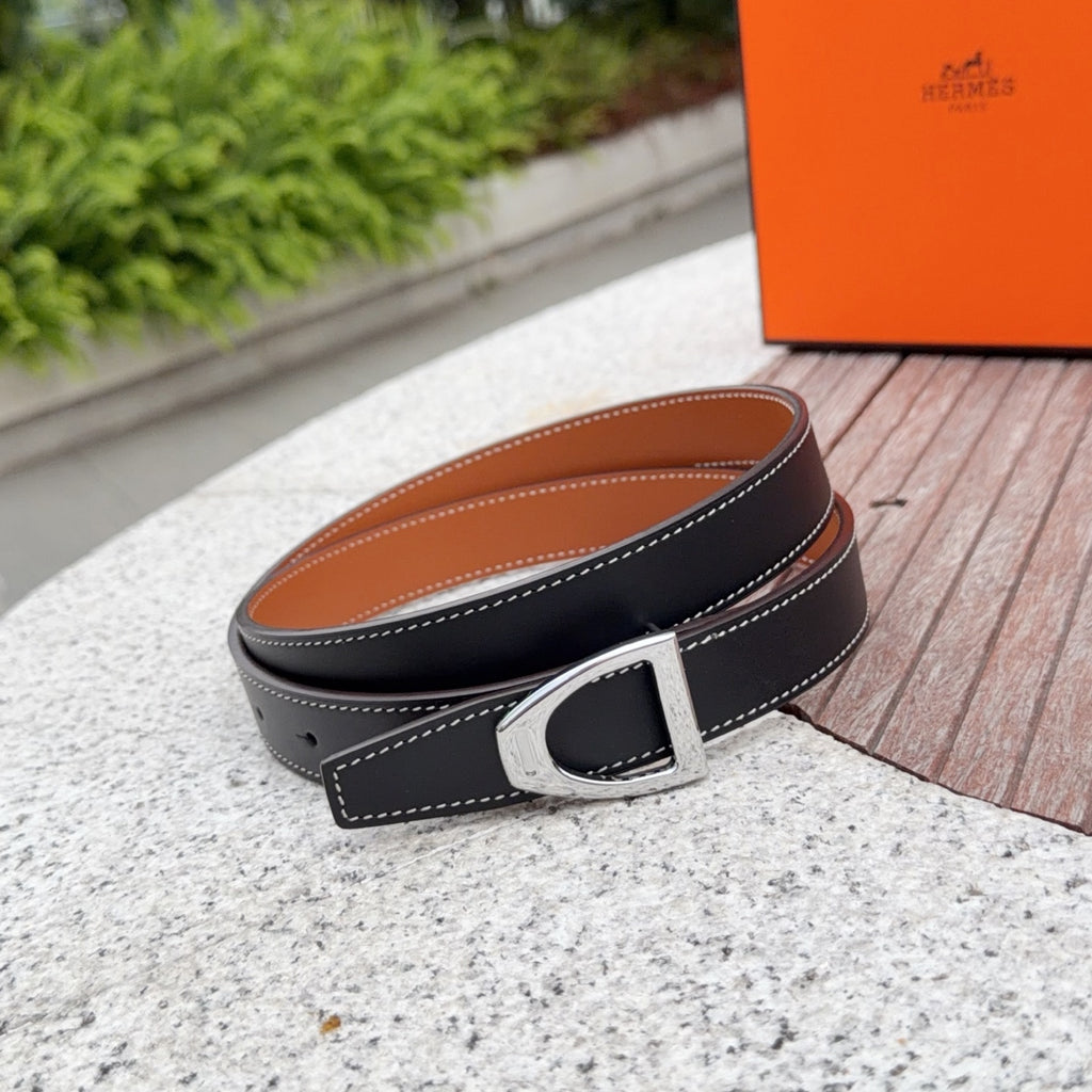 Hermes belt, dark leather with rectangular silver buckle and white edge stitching