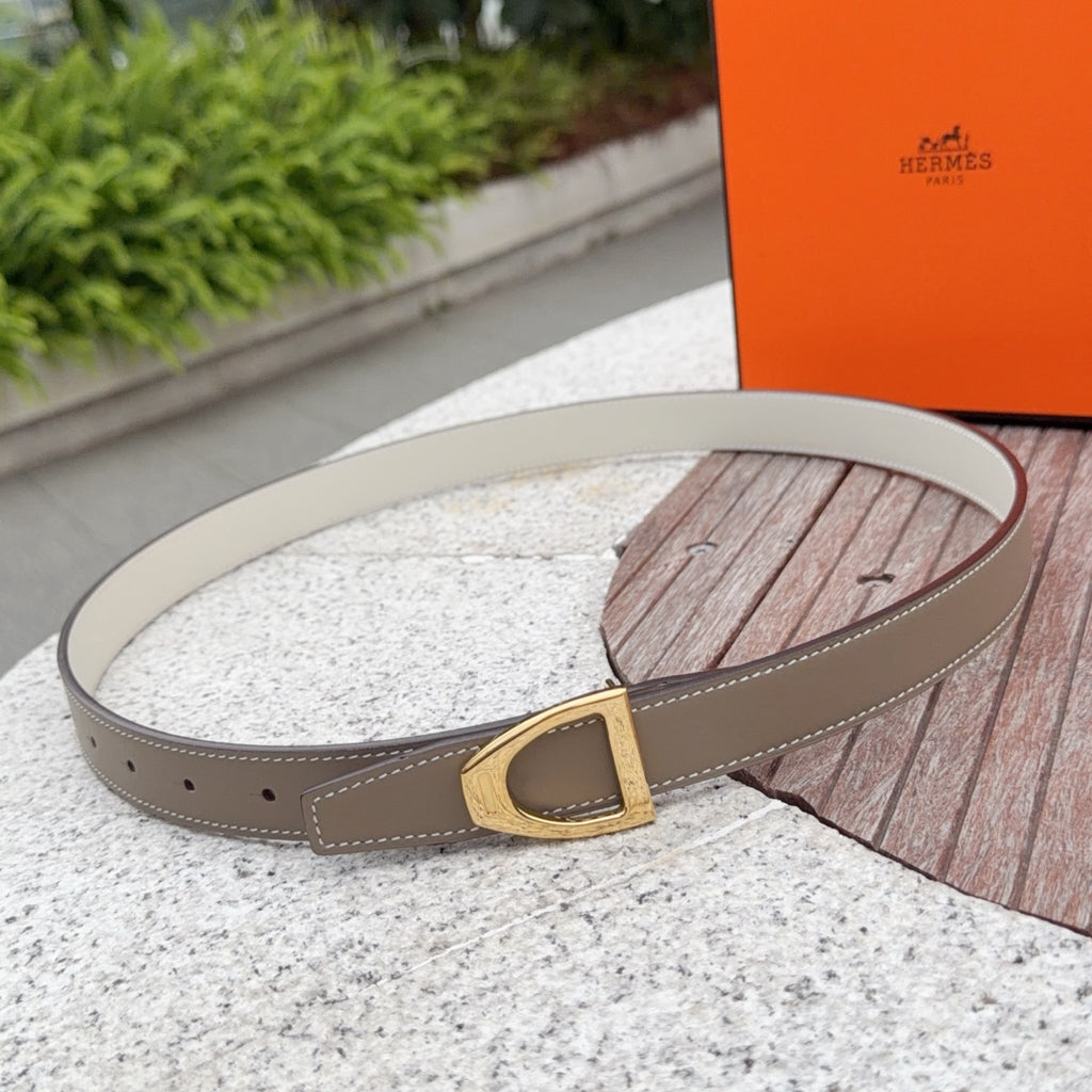 Taupe leather Hermes belt with gold-tone square buckle and stitched edge