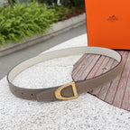 Taupe leather Hermes belt with gold-tone square buckle and stitched edge