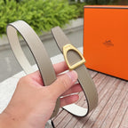 Taupe leather belt with gold-tone square buckle and punched adjustment holes