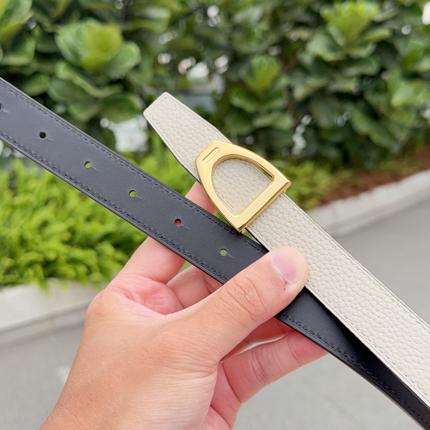 Two-tone leather belt with gold buckle and hole rows, beige and dark underside