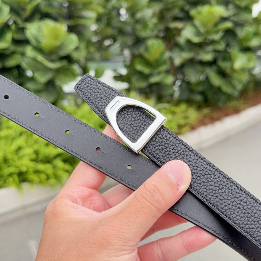 Dark gray leather belt with silver buckle and adjustment holes