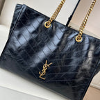 YSL quilted leather tote bag with gold YSL logo and chain strap rings