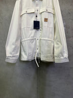 White long-sleeve button-up jacket front with flap pockets and drawstring hem