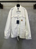 White long-sleeve button-up jacket with flap chest pockets and drawstring hem