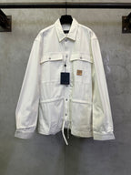 White long-sleeve button-up jacket with flap chest pockets and drawstring hem