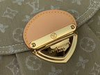 Gold-tone clasp detail on monogram handbag flap, tan leather panel