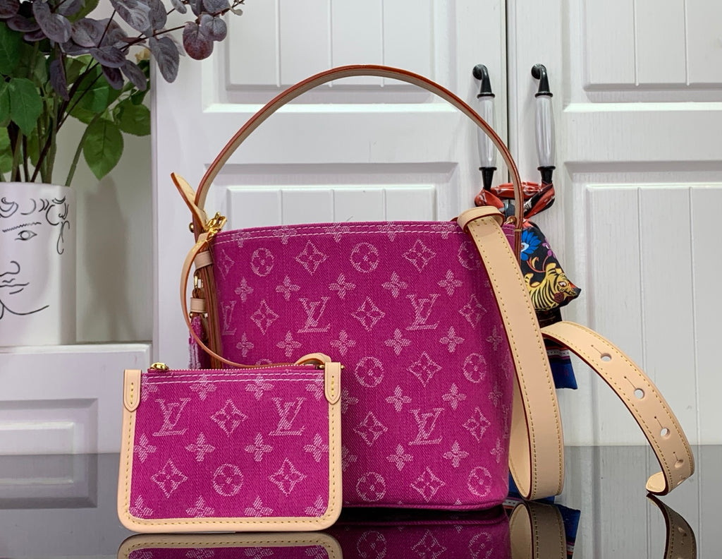 Louis Vuitton monogram tote bag in magenta with tan handles and mini pouch