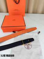 Hermes H-buckle belt, dark navy leather with gold buckle and adjustable holes