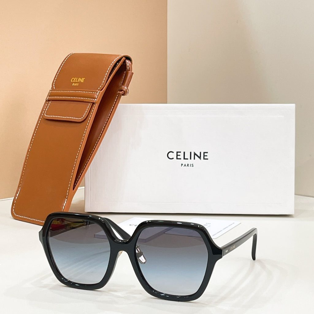 Celine square eyeglasses with dark tinted lenses and black frame