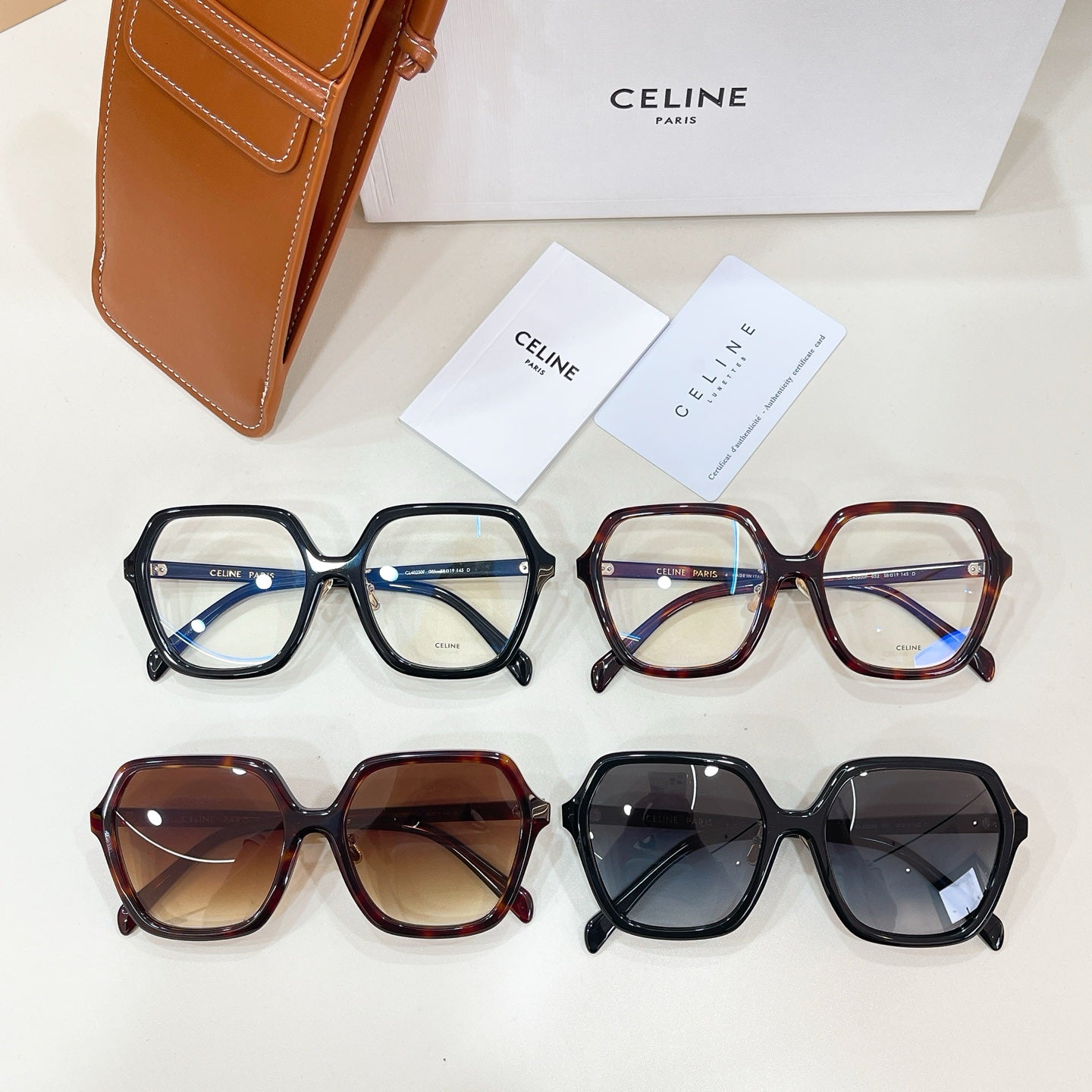 Celine eyeglasses set with clear and tinted lenses in mixed blue and tortoiseshell frames