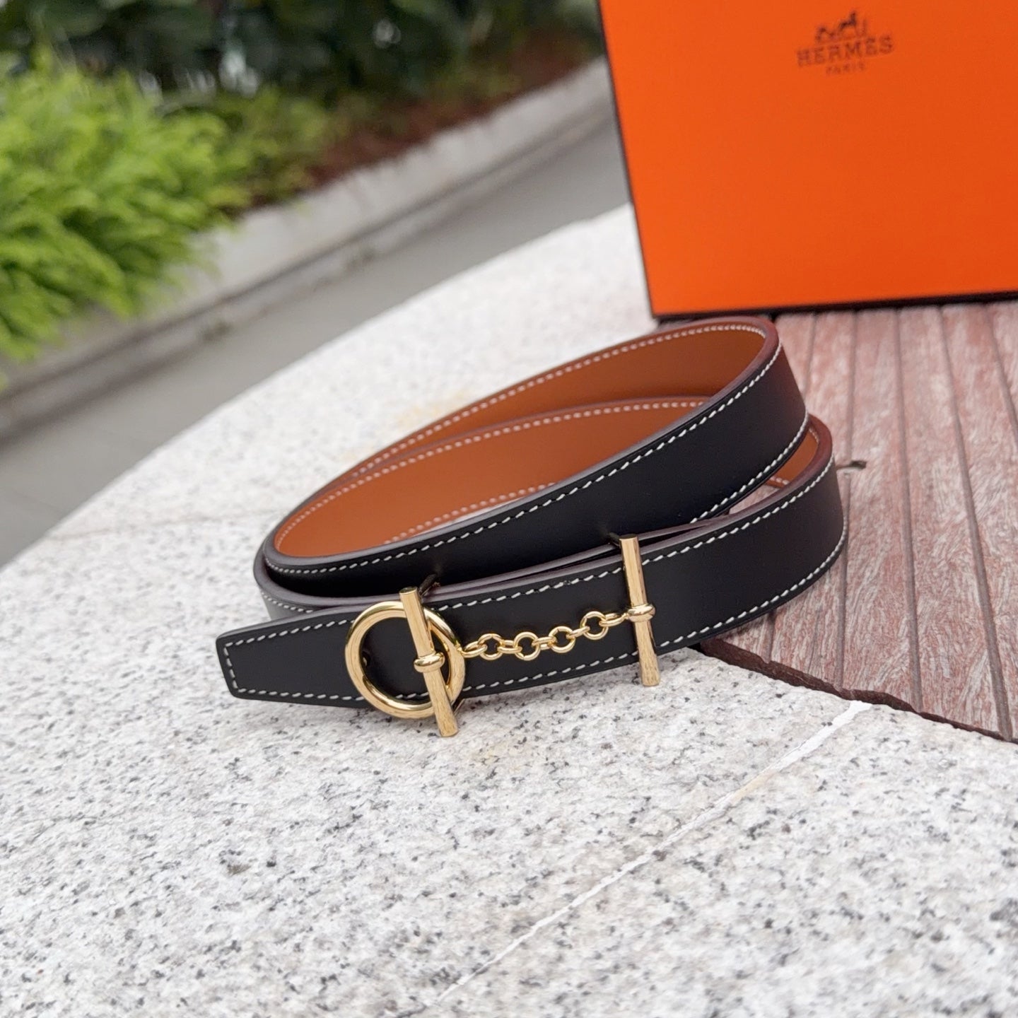 Hermes dark navy leather belt with gold buckle and stitched edges