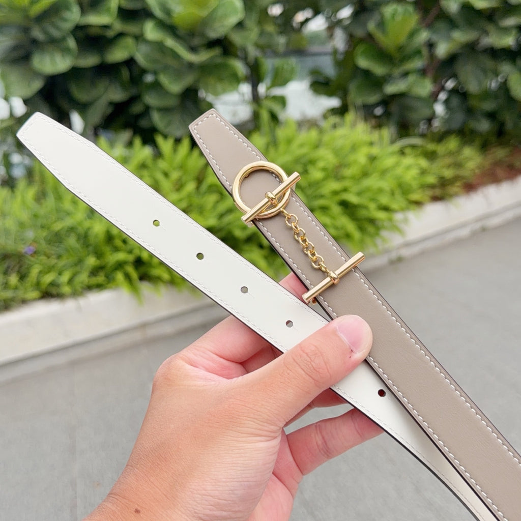 Hermes belt double-hole strap with taupe leather and gold buckle hardware