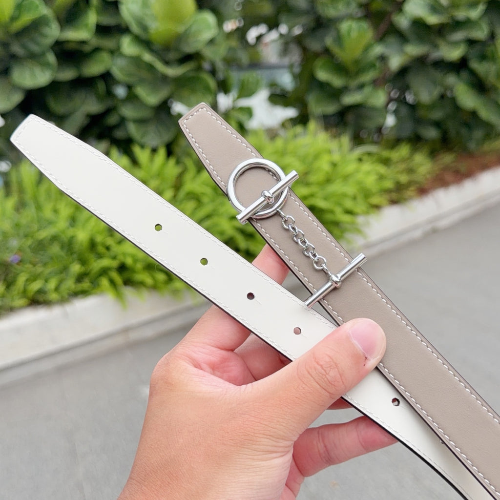 Belt strap with stitched edge and metal grommet holes, light gray-beige leather
