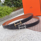 Hermes belt in navy leather with gold-tone buckle and stitched edge detail