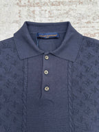 Navy polo shirt with open collar, three buttons, and neck brand label