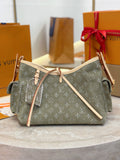 Louis Vuitton monogram shoulder bag in olive-gray with tan leather trim and strap.