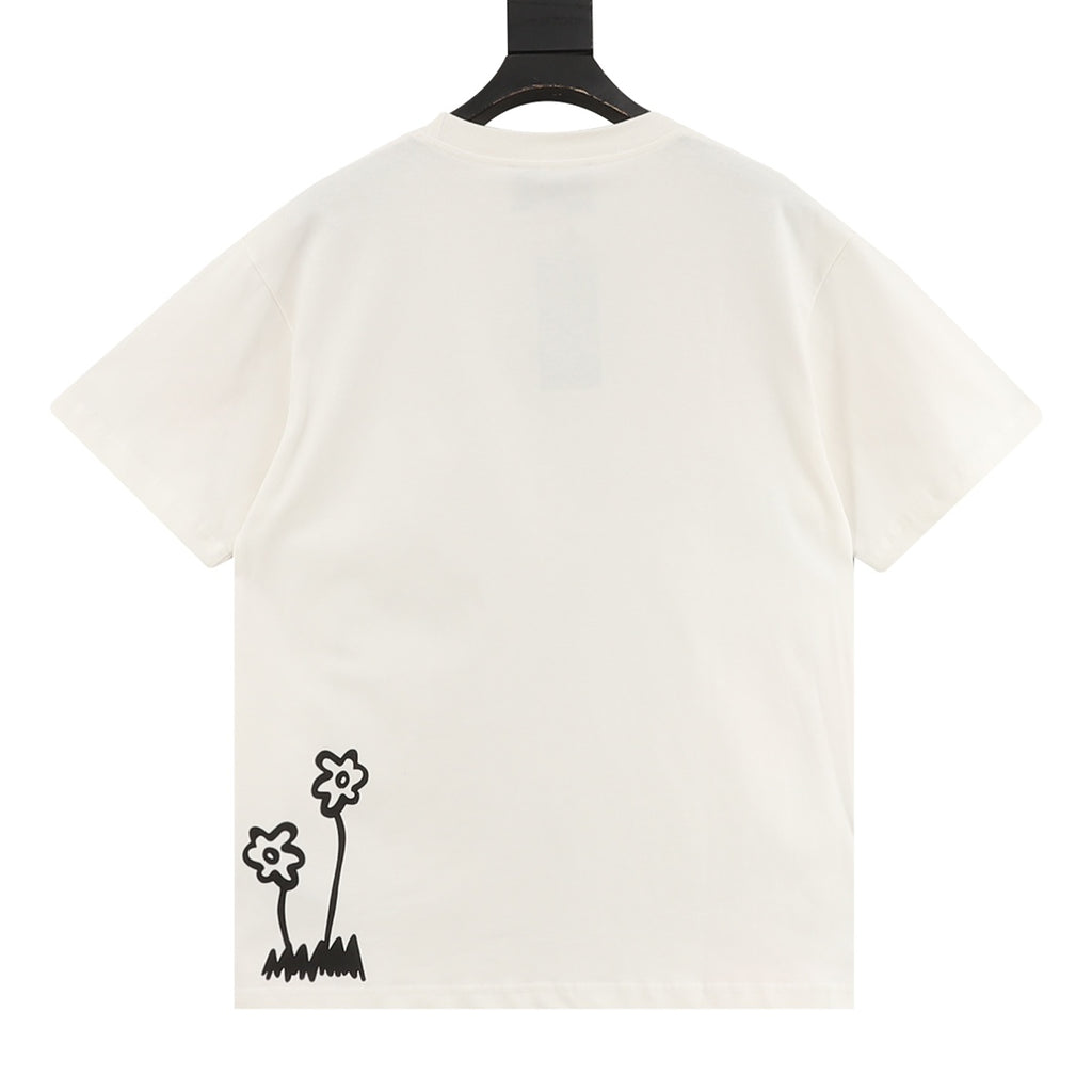 White Gucci graphic T-shirt back view with small black flower patch
