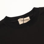 Black crew-neck T-shirt with embroidered tag at collar