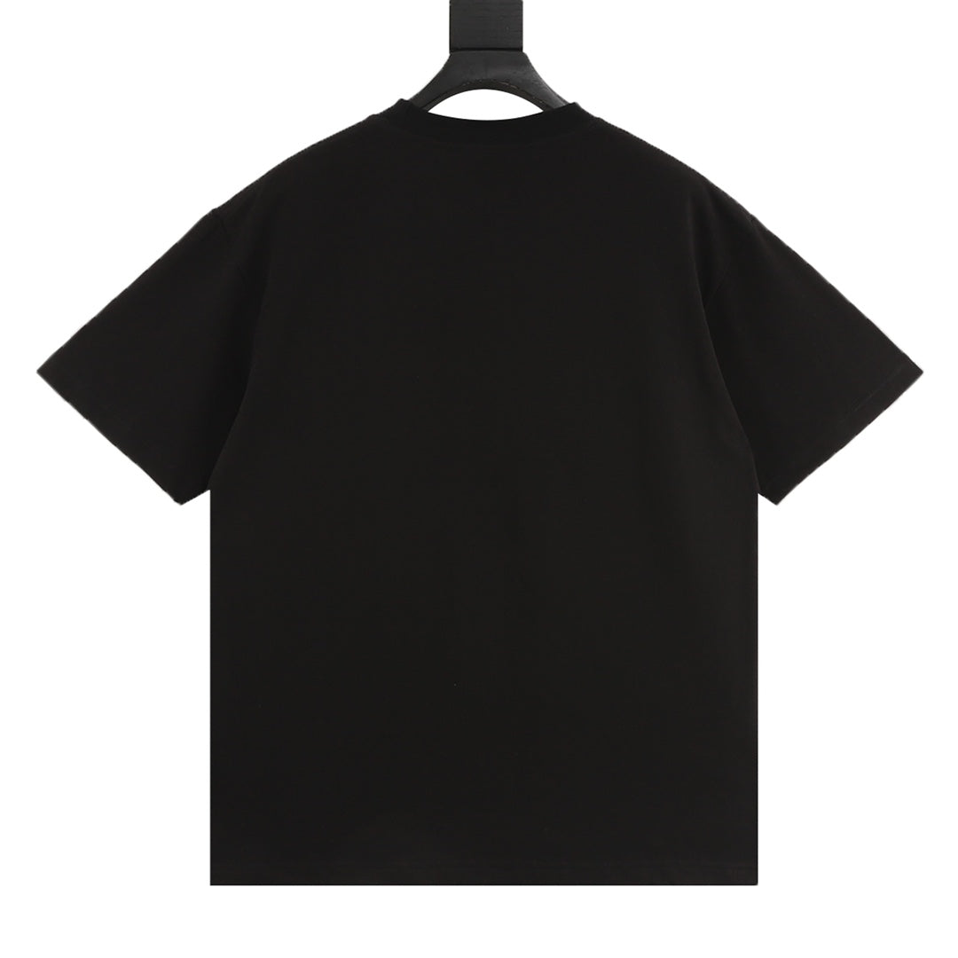 Black short-sleeve T-shirt on hanger, plain back