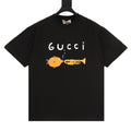 Black short-sleeve T-shirt with Gucci logo and trumpet graphic on chest