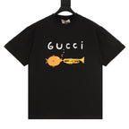 Black short-sleeve T-shirt with Gucci logo and trumpet graphic on chest