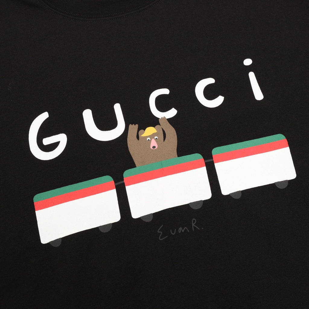 Black short-sleeve T-shirt with large Gucci logo and bear graphic