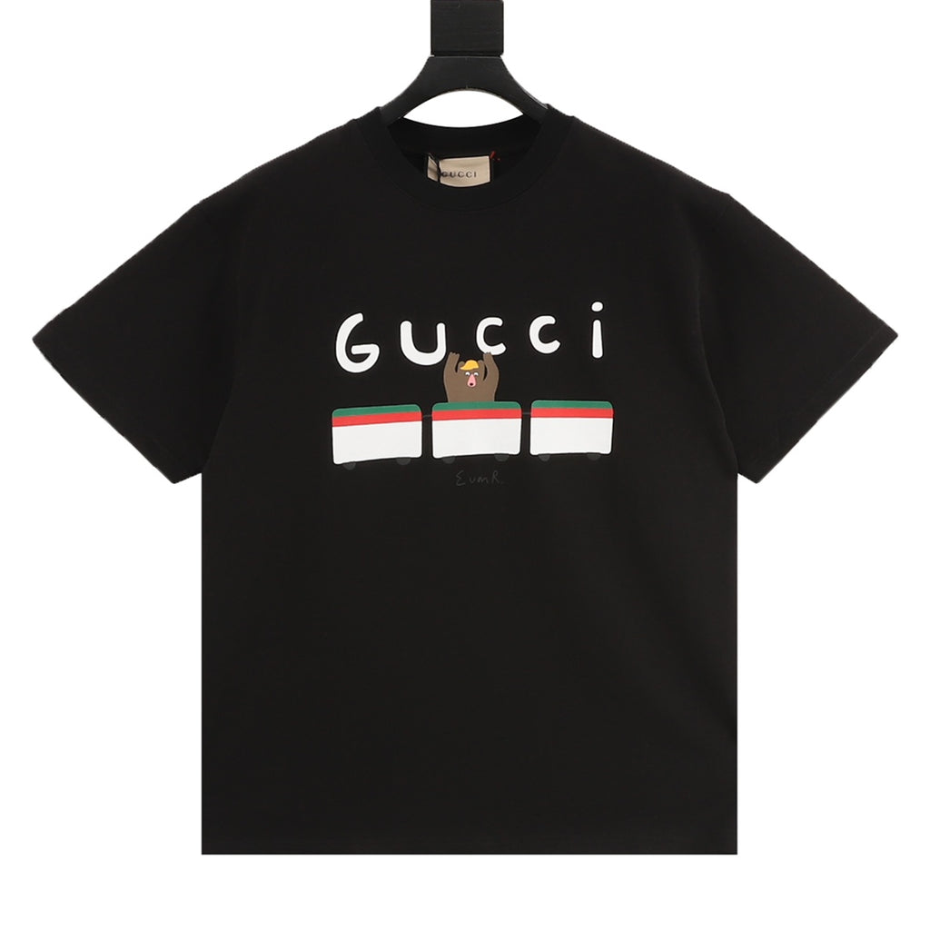 Black short-sleeve T-shirt with Gucci logo graphic and multicolor striped design