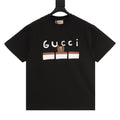 Black short-sleeve T-shirt with Gucci logo graphic and multicolor striped design