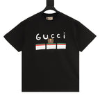 Black short-sleeve T-shirt with Gucci logo graphic and multicolor striped design