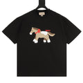 Black short-sleeve T-shirt with dog graphic and red Gucci text on chest