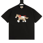 Black short-sleeve T-shirt with dog graphic and red Gucci text on chest