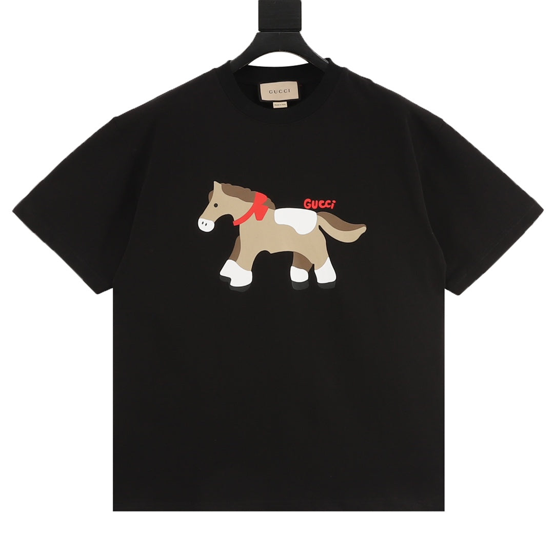 Black short-sleeve T-shirt with dog graphic and red Gucci text on chest