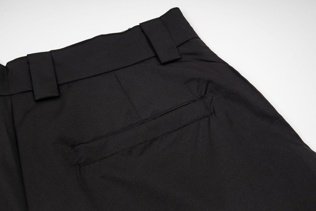 Black Prada dress pants close-up of waistband and front fly detail