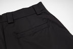 Black Prada dress pants close-up of waistband and front fly detail