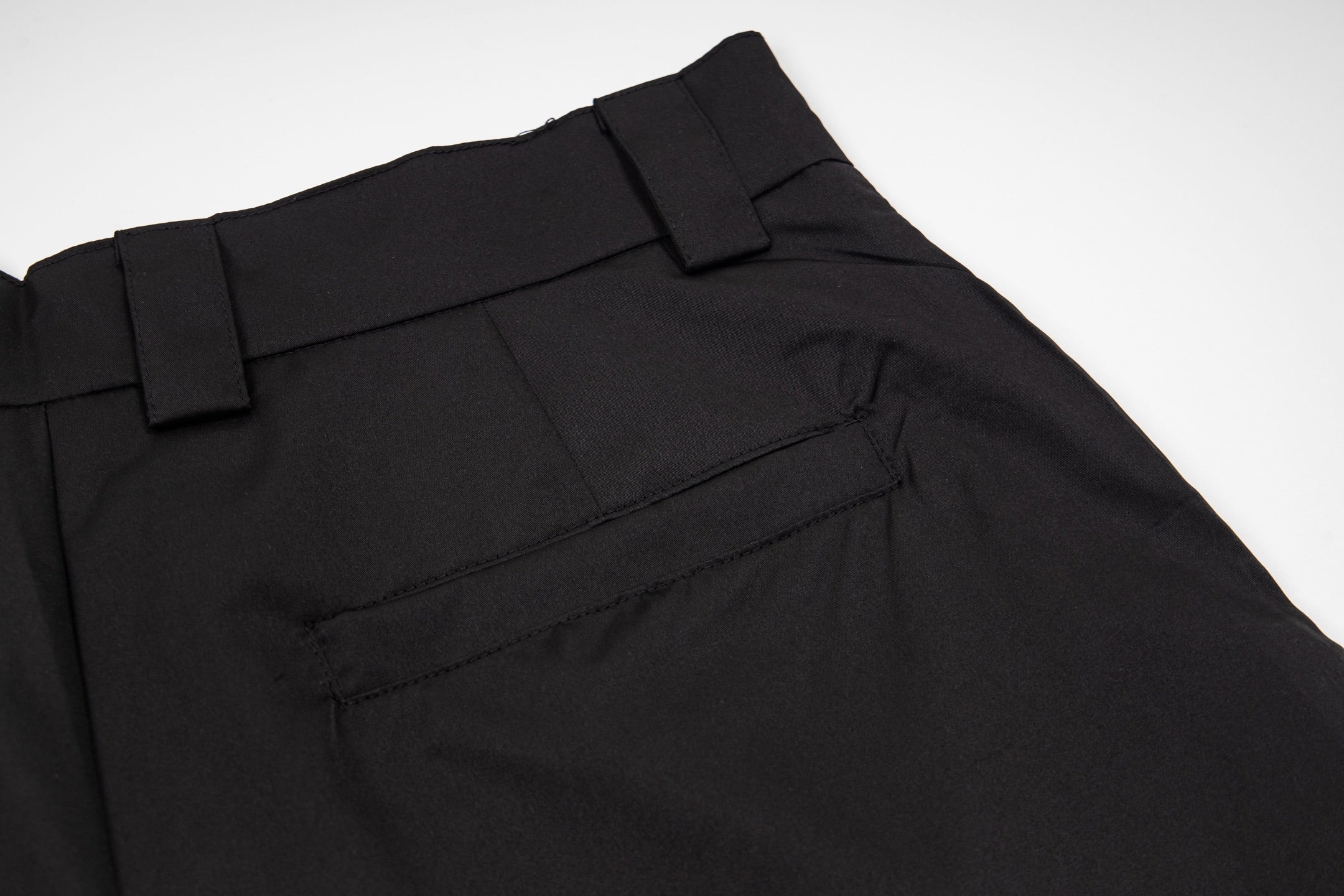 Black Prada dress pants close-up of waistband and front fly detail