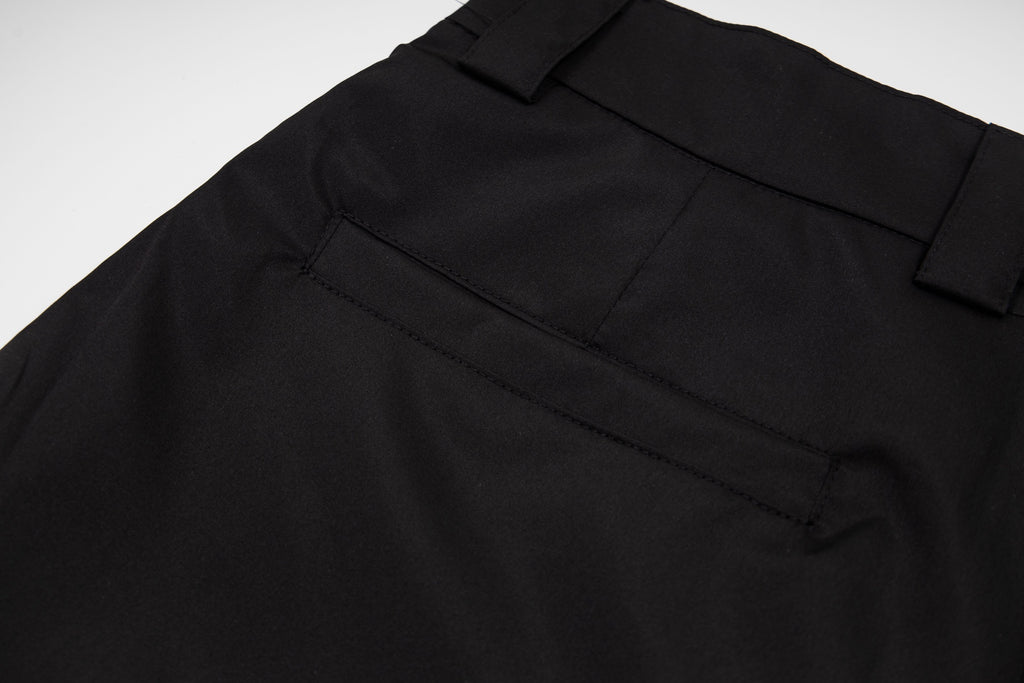 Black Prada dress pants close-up of waistband and side pocket seam