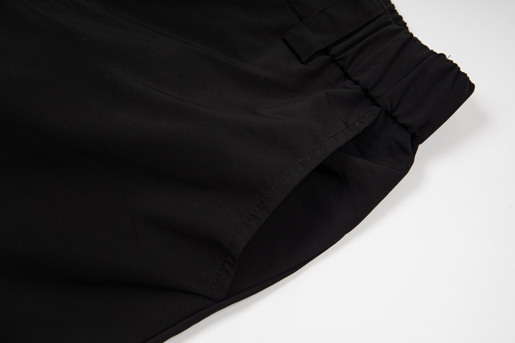 Black cargo shorts hem with clean side seam finish