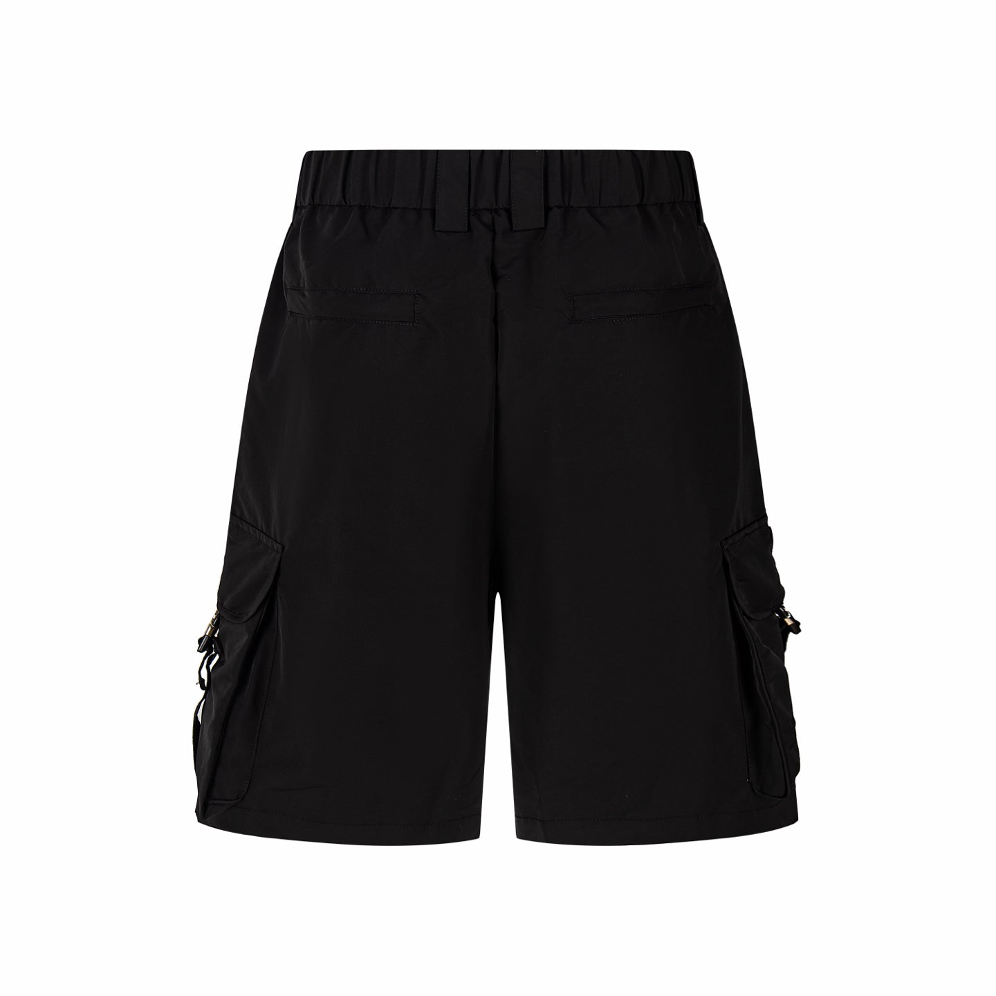 Black cargo shorts with elastic waistband and flap side pockets